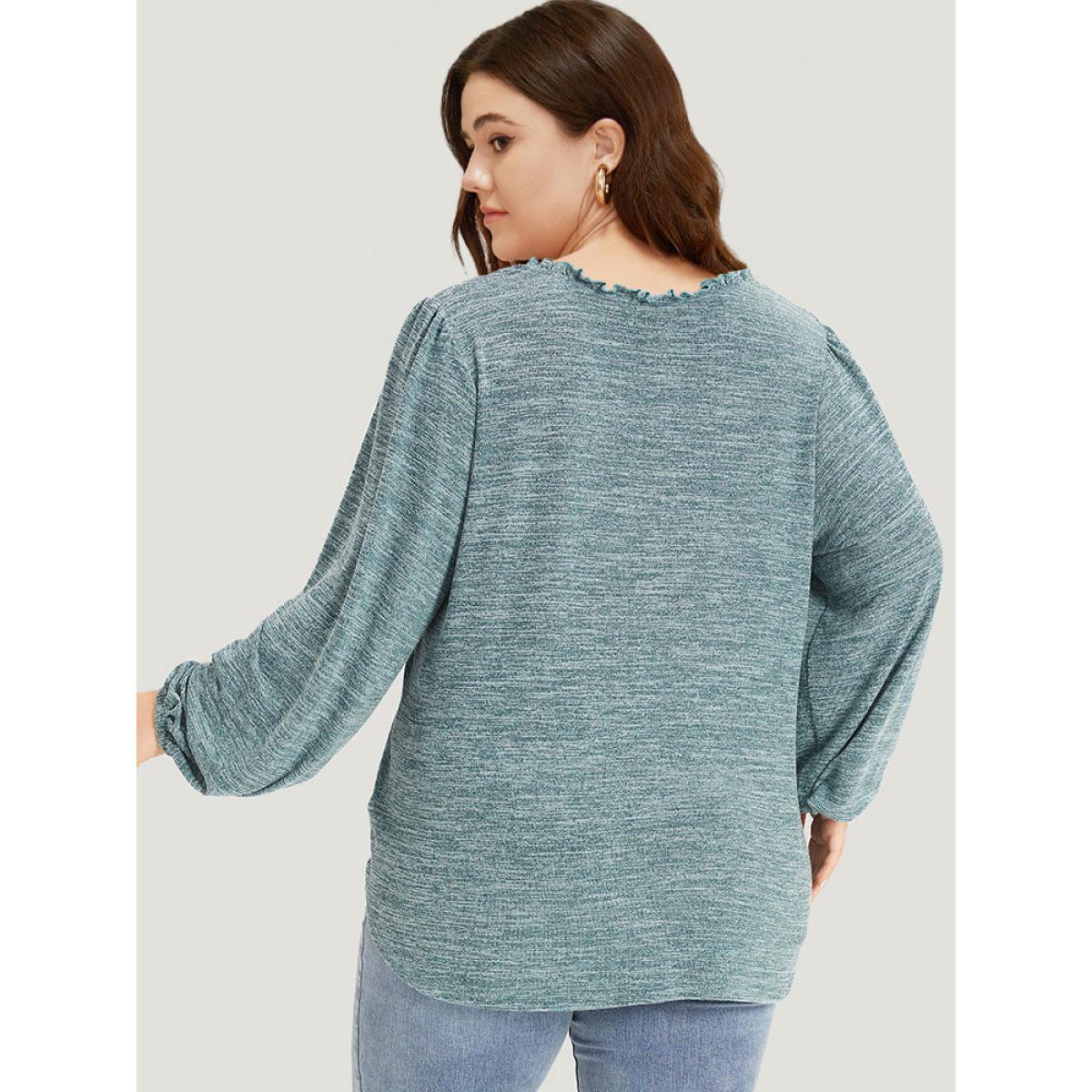 Plus Size Lace Insert Curved Hem Lantern Sleeve Sweatshirt Women Cyan Elegant Elastic cuffs V-neck Dailywear Sweatshirts BloomChic 30/6X Product Image