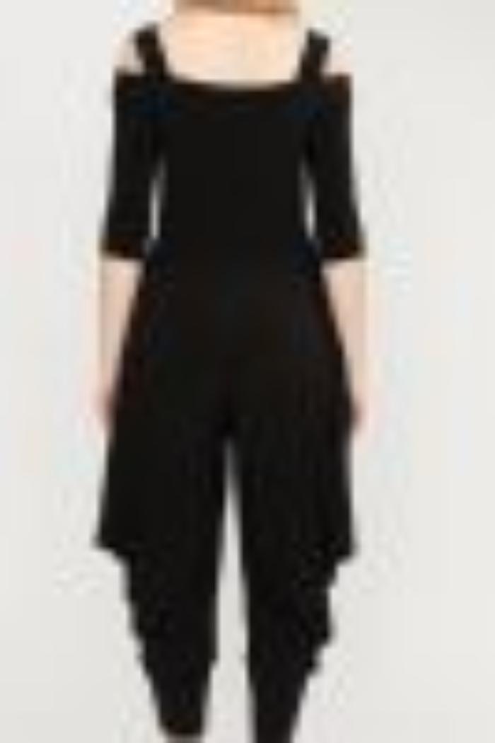 Black Knit Jumpsuit, Cold Shoulder with zip front Product Image