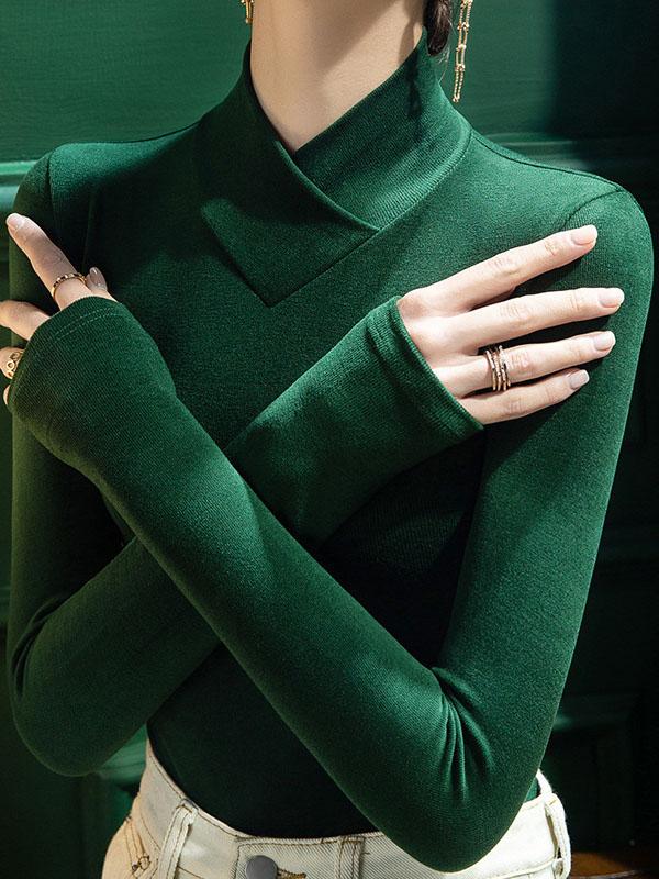 Long Sleeves Skinny Solid Color V-Neck T-Shirts Tops Product Image