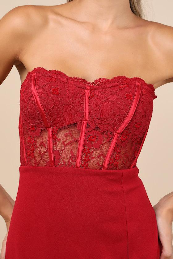 Exquisitely Sultry Wine Red Lace Strapless Bustier Midi Dress Product Image