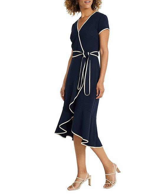 Maggy London Scuba Crepe Contrast Trim V-Neck Short Sleeve Tie Front Wrap Midi Dress Product Image