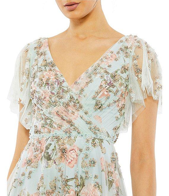 Mac Duggal Floral Surplice V-Neck Short Flutter Sleeve A-Line Gown Product Image