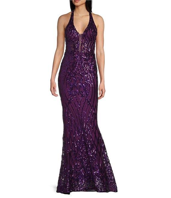 B. Darlin Sequin Pattern Halter V-Neck Contrast Inset Dress Product Image