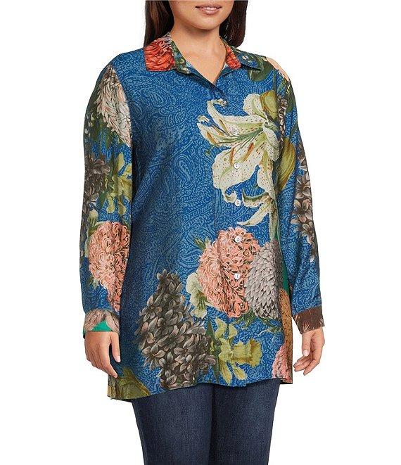 John Mark Plus Size Large Multi Floral Print Point Collar Long Roll-Tab Sleeve Button Front Tunic Product Image