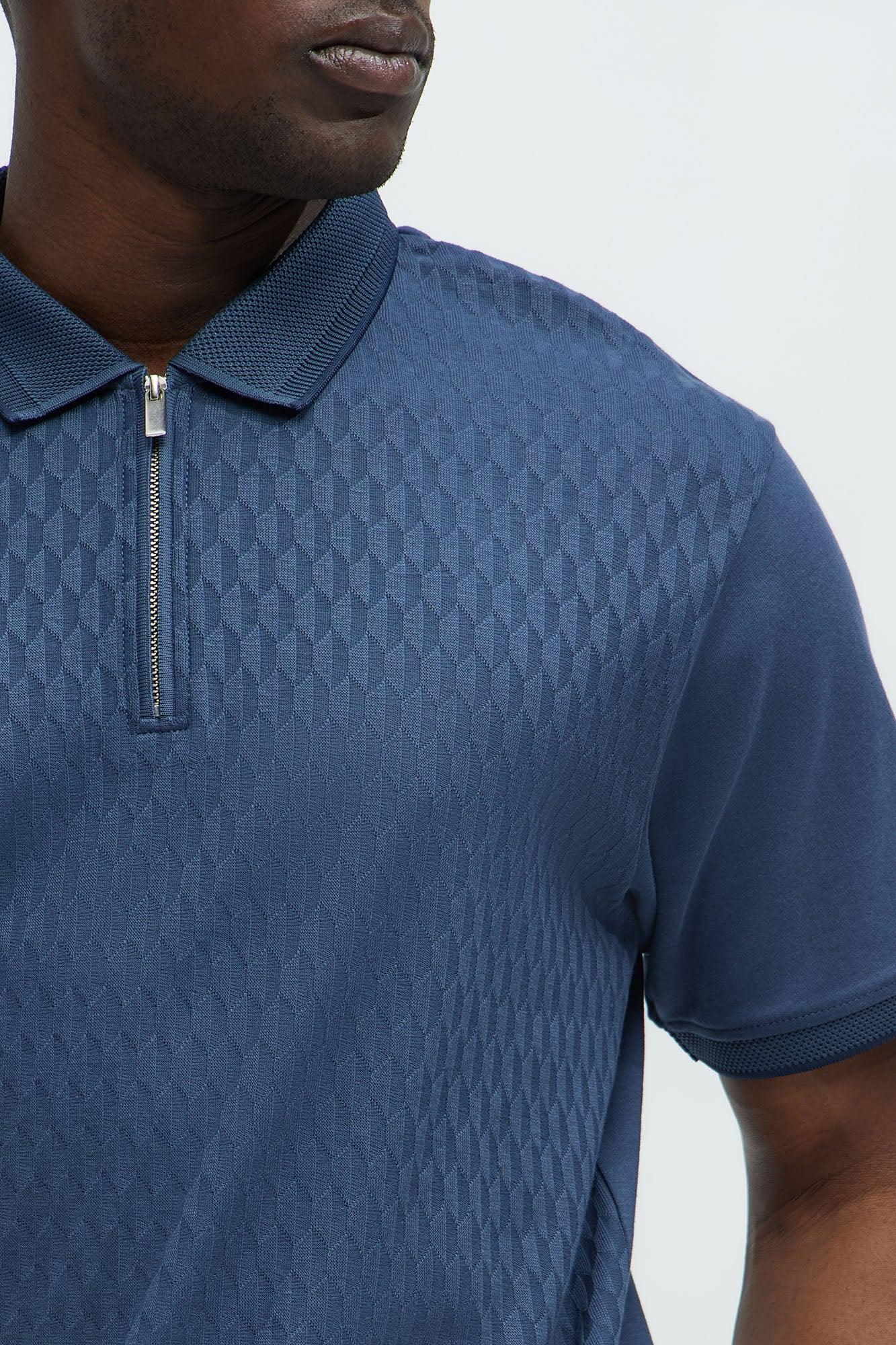 Textured Short Sleeve Quarter Zip Polo - Blue Product Image