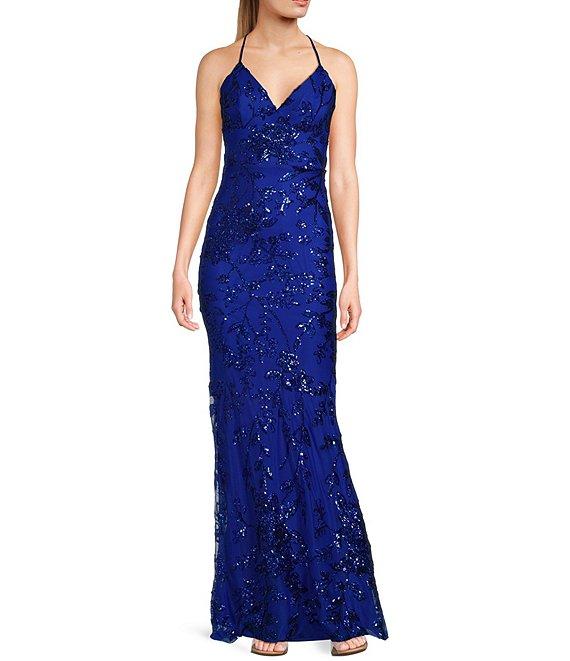 B. Darlin Sequin Patterned V-Neck Spaghetti Strap Tie Back Dress Product Image