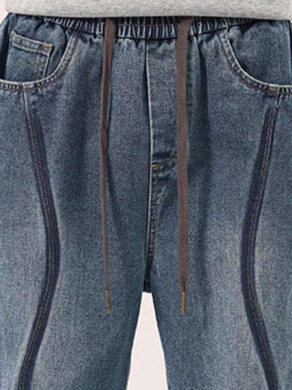 Men's Vintage Top-stitching Drawstring Loose Jeans Product Image