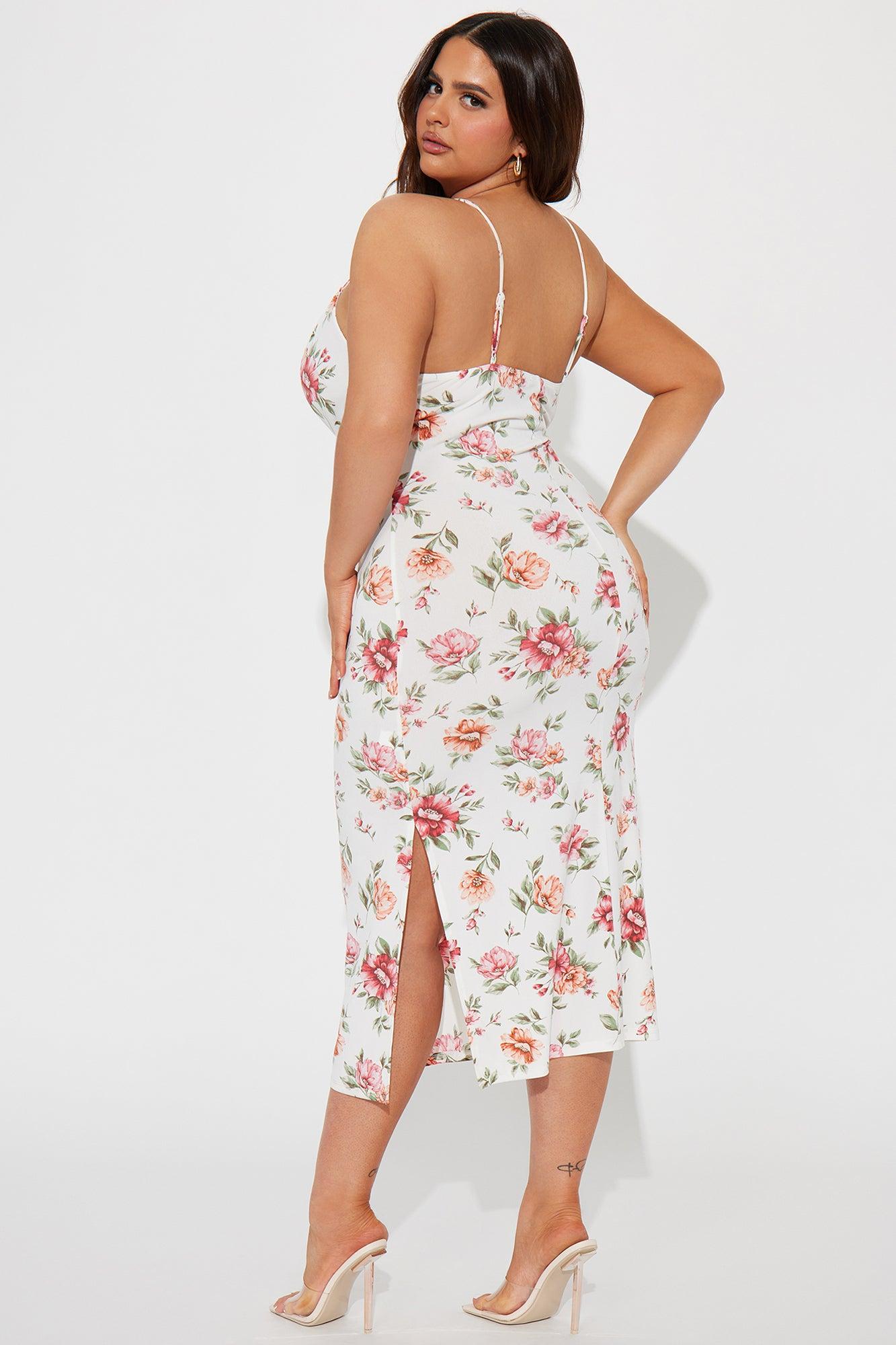 Floral Lace Up Midi Dress - Off White Product Image