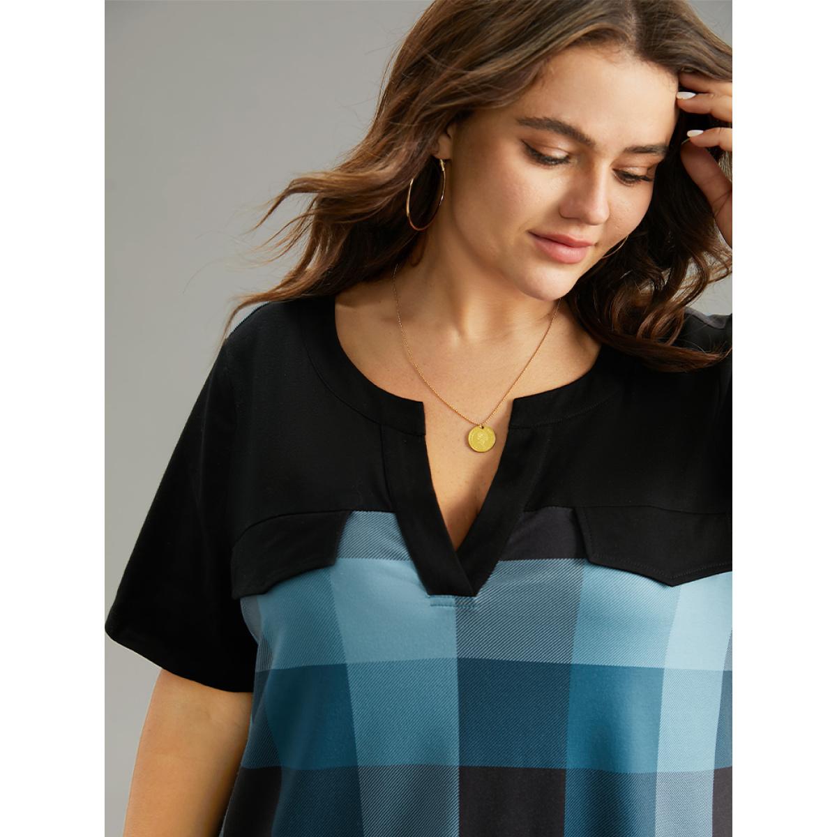 Plus Size Plaid Patchwork Contrast Notched Arc Hem T-shirt Multicolor Women Casual Contrast Plaid Notched collar Everyday T-shirts BloomChic 26/4X Product Image