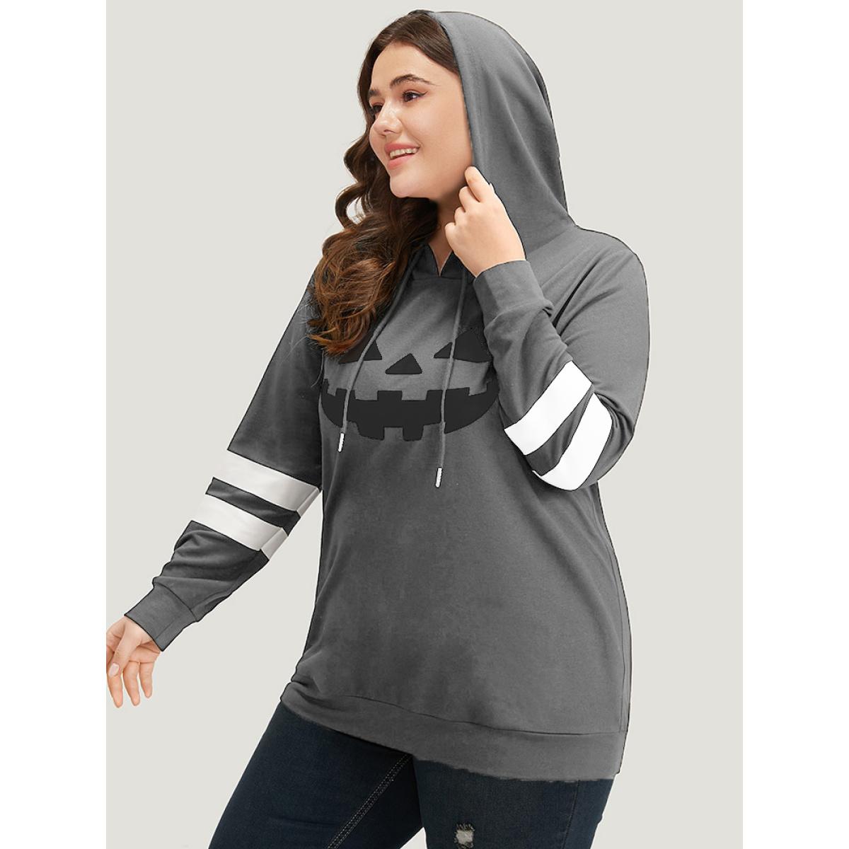 Plus Size Halloween Print Striped Patchwork Hooded Drawstring Sweatshirt Women Gray Casual Elastic cuffs Festival-Halloween Sweatshirts BloomChic 22-24/3X Product Image