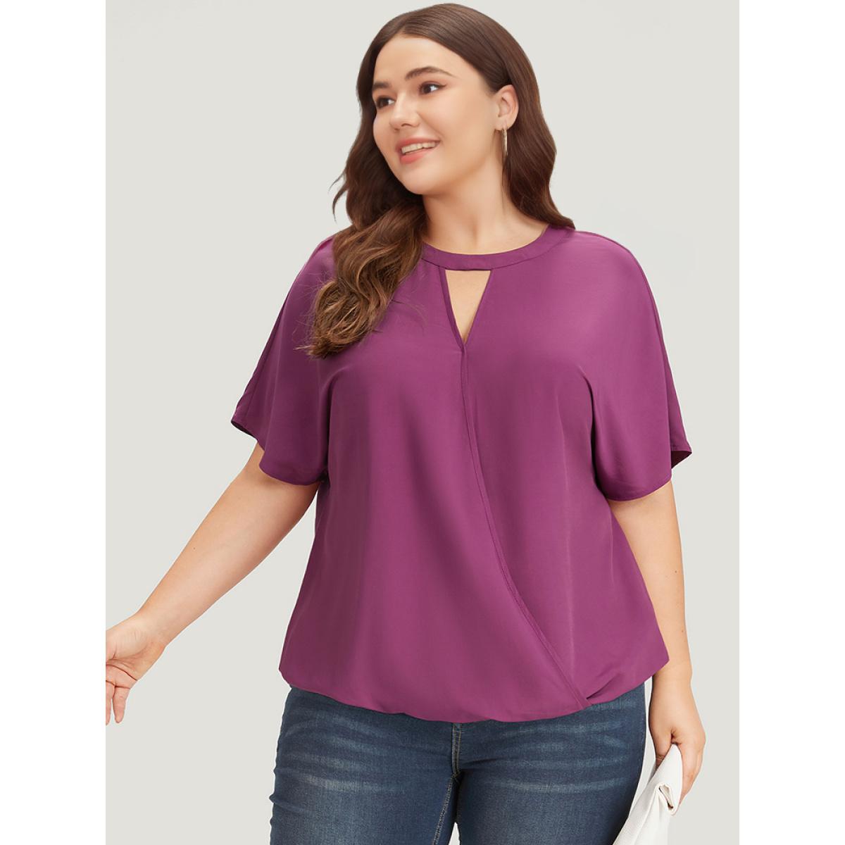 Plus Size Purple Solid Keyhole Gathered Dolman Sleeve Blouse Women Office Short sleeve V-neck Office Blouses BloomChic 14-16/1X Product Image