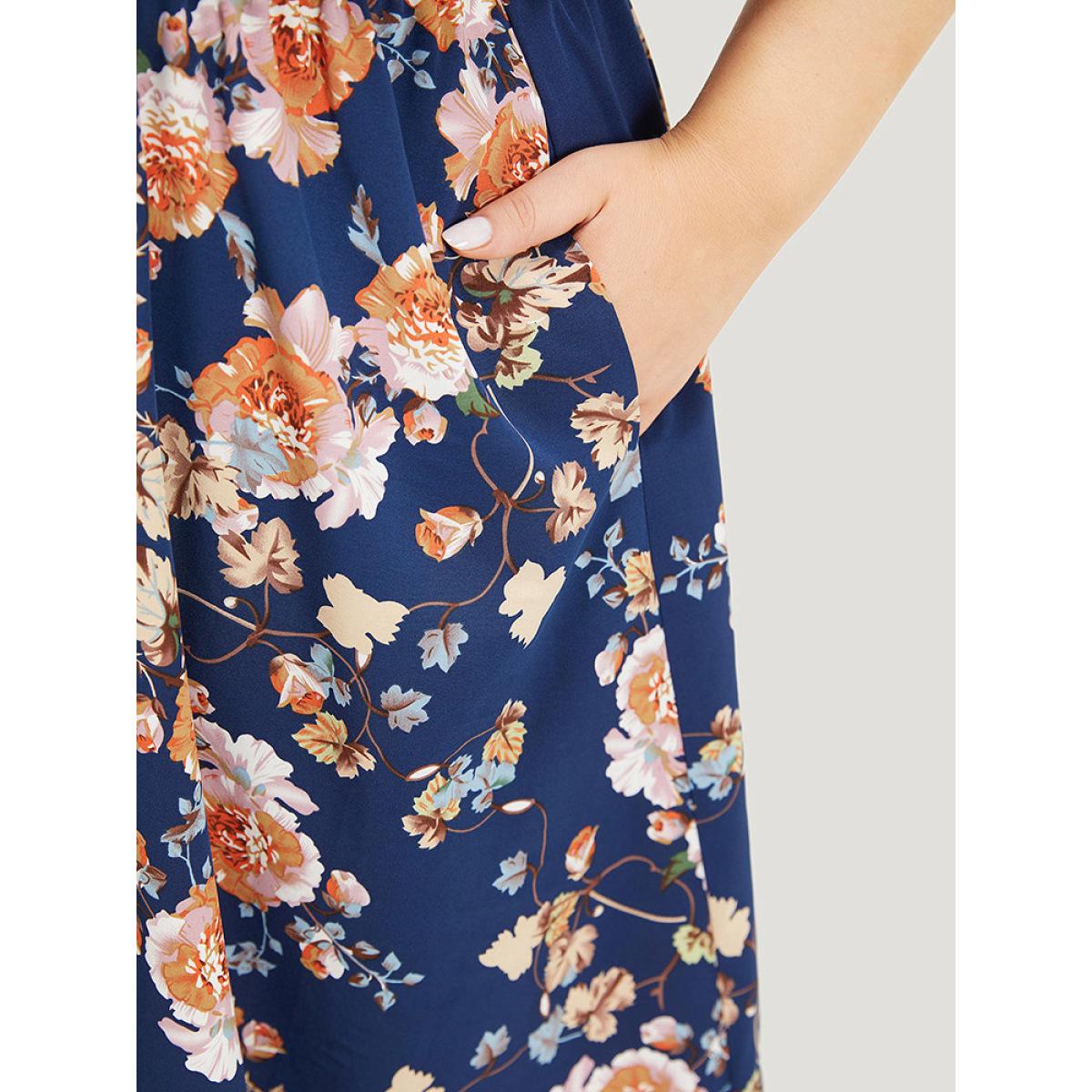 Plus Size Floral Print Ruffle Trim Elastic Waist Cold Shoulder Dress Indigo Women Elegant Adjustable Straps V-neck Short sleeve Curvy Midi Dress BloomChic 28/5X Product Image