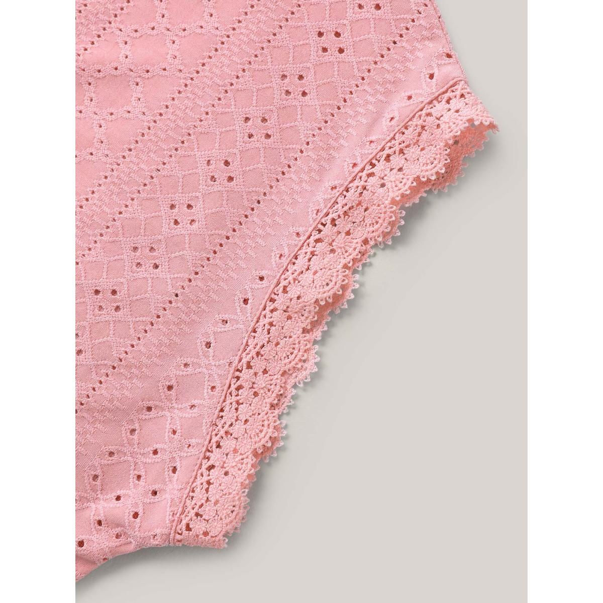 Plus Size Eyelet Textured Lace Detail T-Shirt Blush Women Casual Woven ribbon&lace trim V-neck Everyday T-shirts BloomChic 22-24/3X Product Image