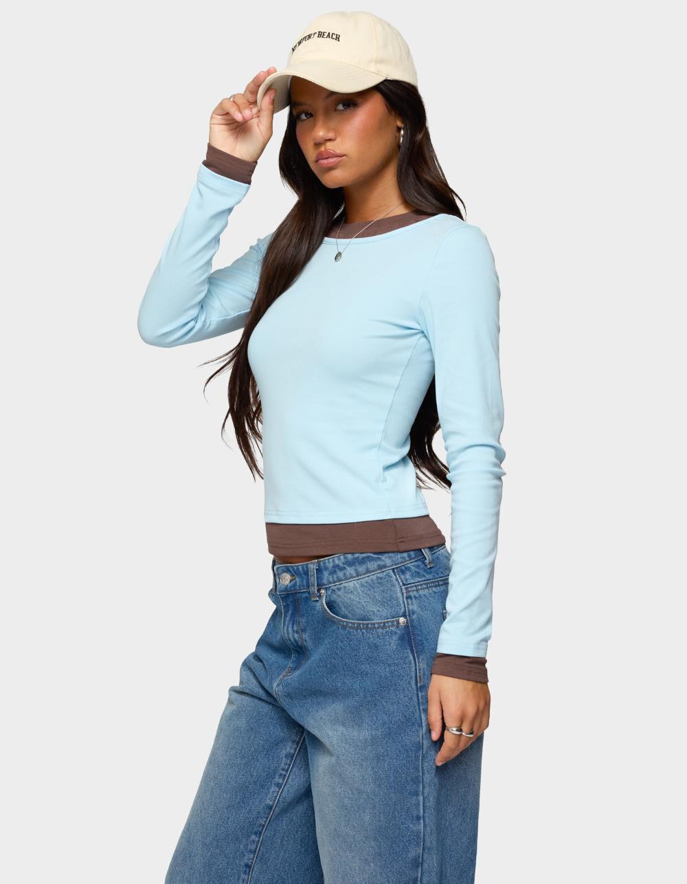 EDIKTED Contrast Layered Look Long Sleeve Tee - LIGHT BLUE Product Image