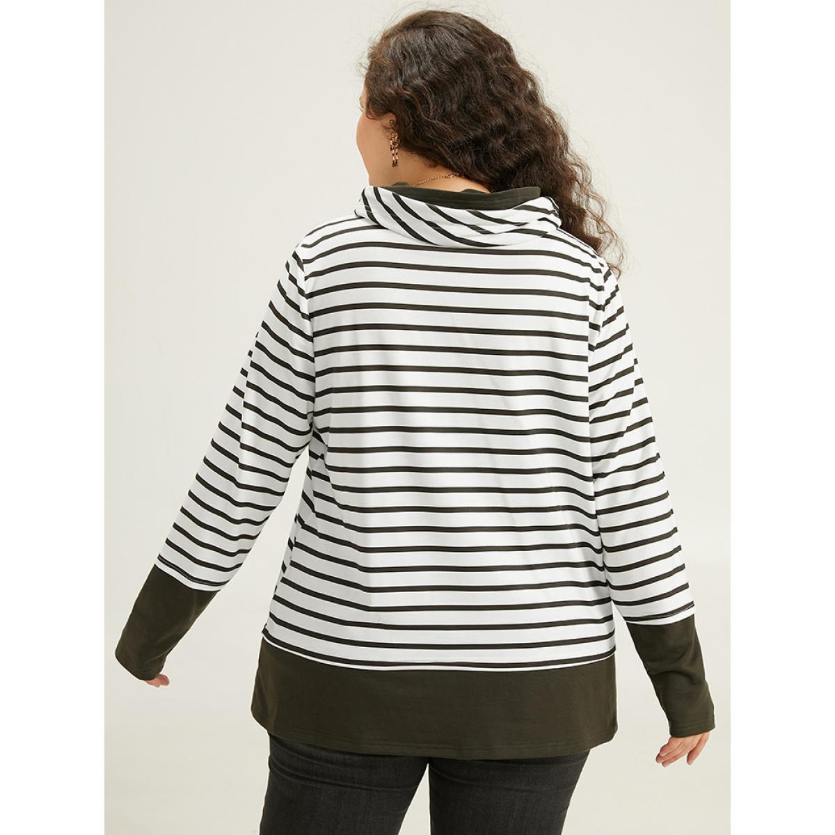 Plus Size Halloween Striped Patchwork Contrast Drawstring Sweatshirt Women Green Casual Contrast Turtleneck Festival-Halloween Sweatshirts BloomChic 30/6X Product Image