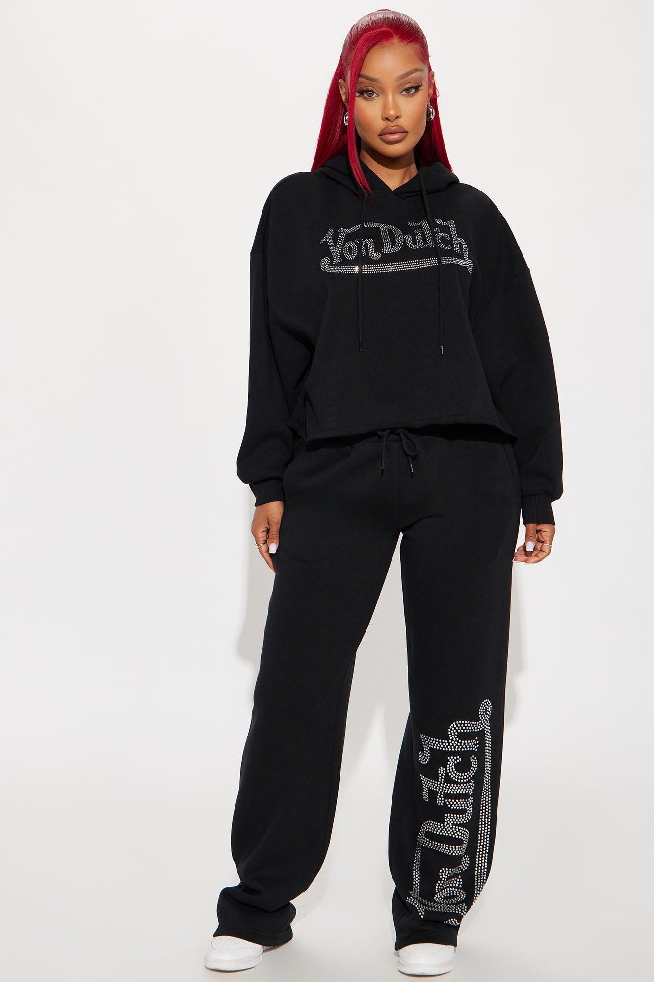 Von Dutch Rhinestone Cropped Hoodie - Black Product Image