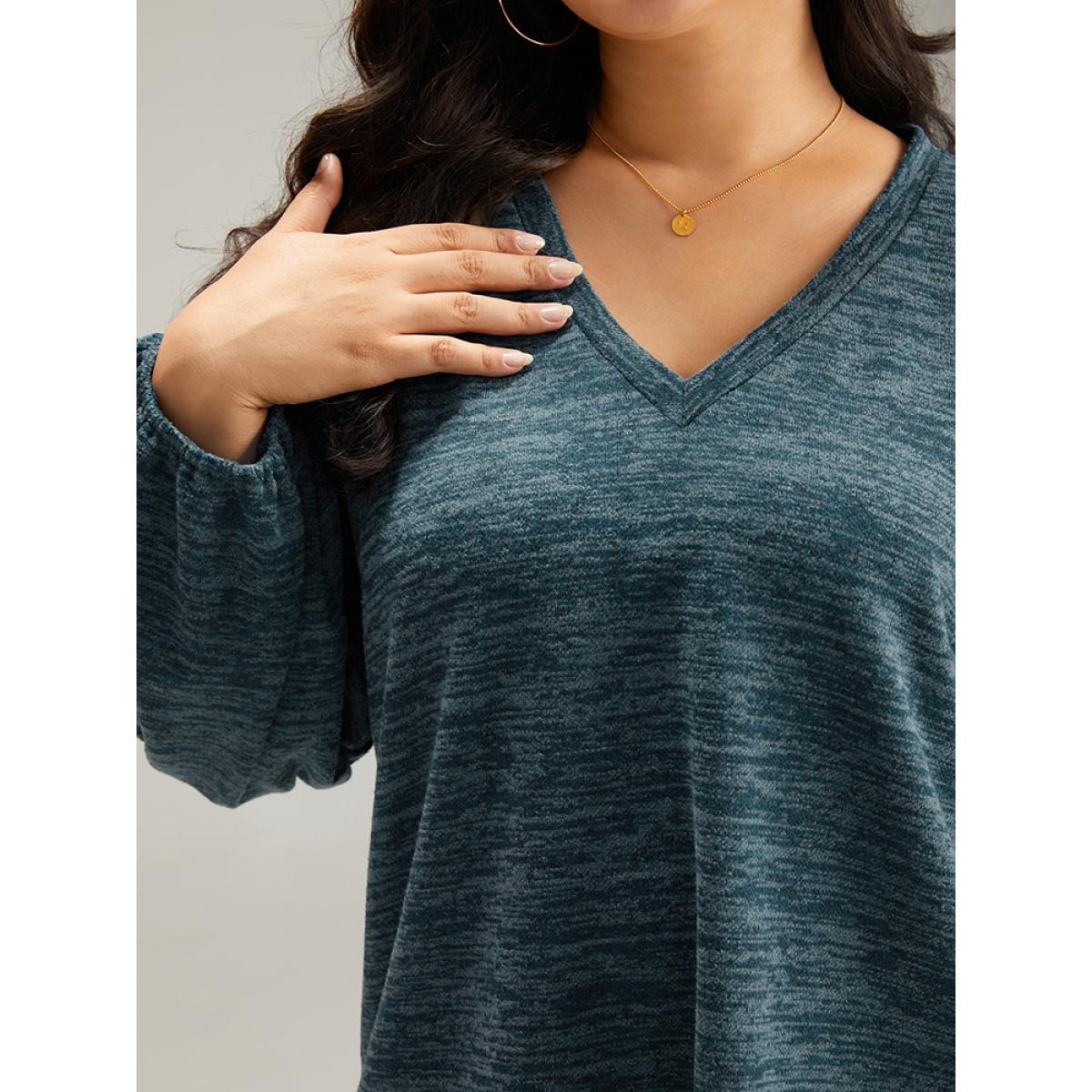 Plus Size Heather V Neck Lantern Sleeve Sweatshirt Women Cyan Casual Elastic cuffs V-neck Dailywear Sweatshirts BloomChic 10/M Product Image