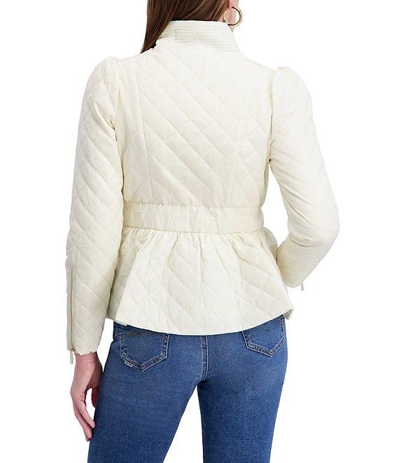 Kensie Quilted Funnel Neck Long Sleeves Belted Ruffle Hem Peplum Trench Coat Product Image