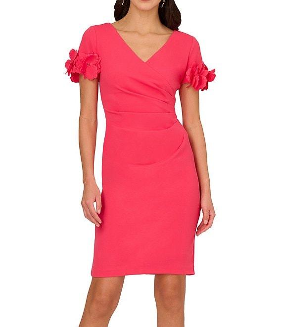 Adrianna Papell Stretch Crepe Surplice V-Neckline Short Floral Sleeve Dress Product Image