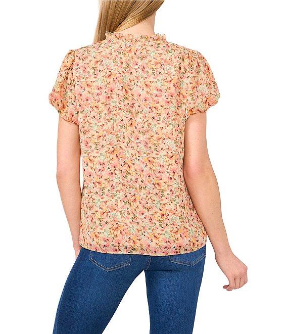 CeCe Woven Floral Print Split Round Neck Short Sleeve Tie Front Blouse Product Image