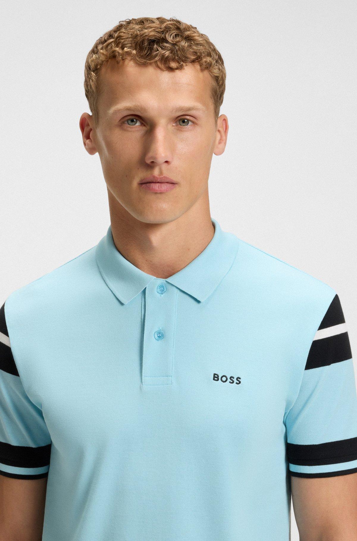 BOSS - Slim-fit polo shirt in cotton with block stripes - Light Blue Product Image