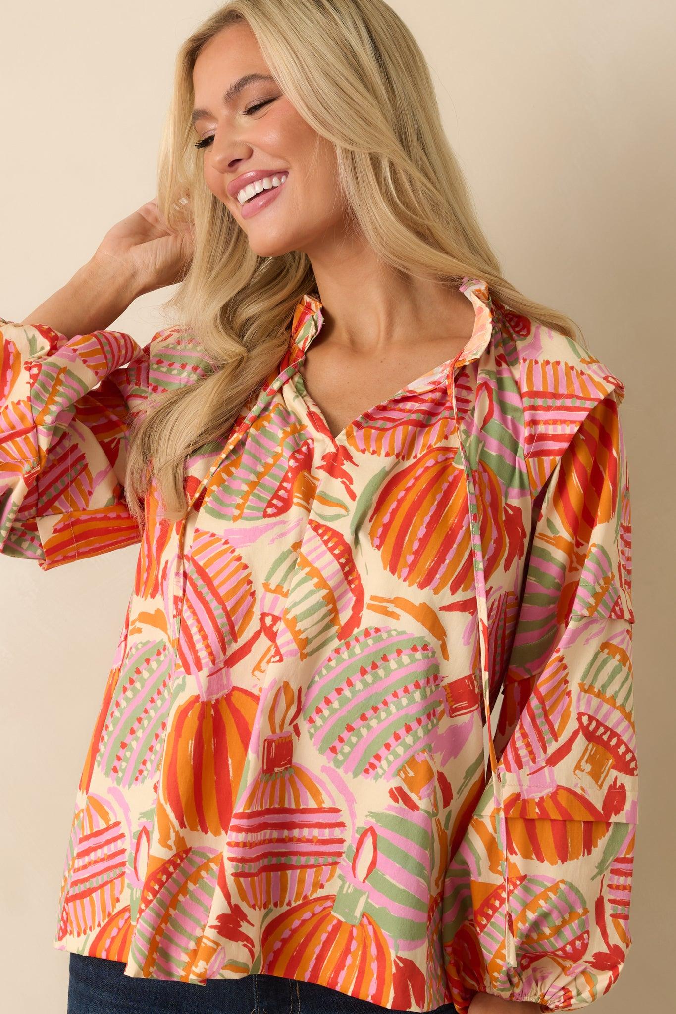 Prosperina Tara Pink Multi Cotton Ornament Print Peasant Top Product Image