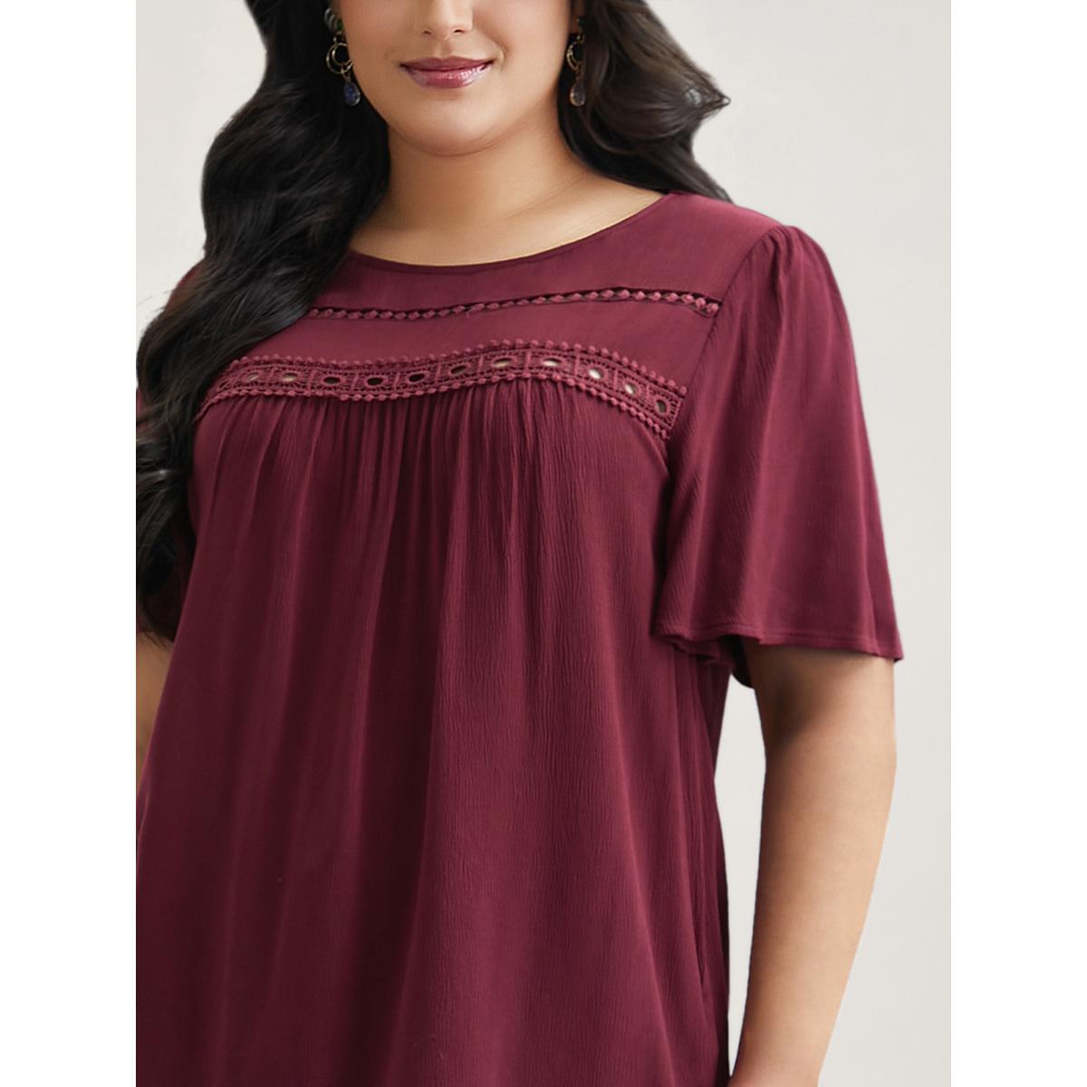 Plus Size Burgundy Lace Cut-Out Round Neck Pleated Shirt Women Elegant Short sleeve Round Neck Everyday Blouses BloomChic 22-24/3X Product Image