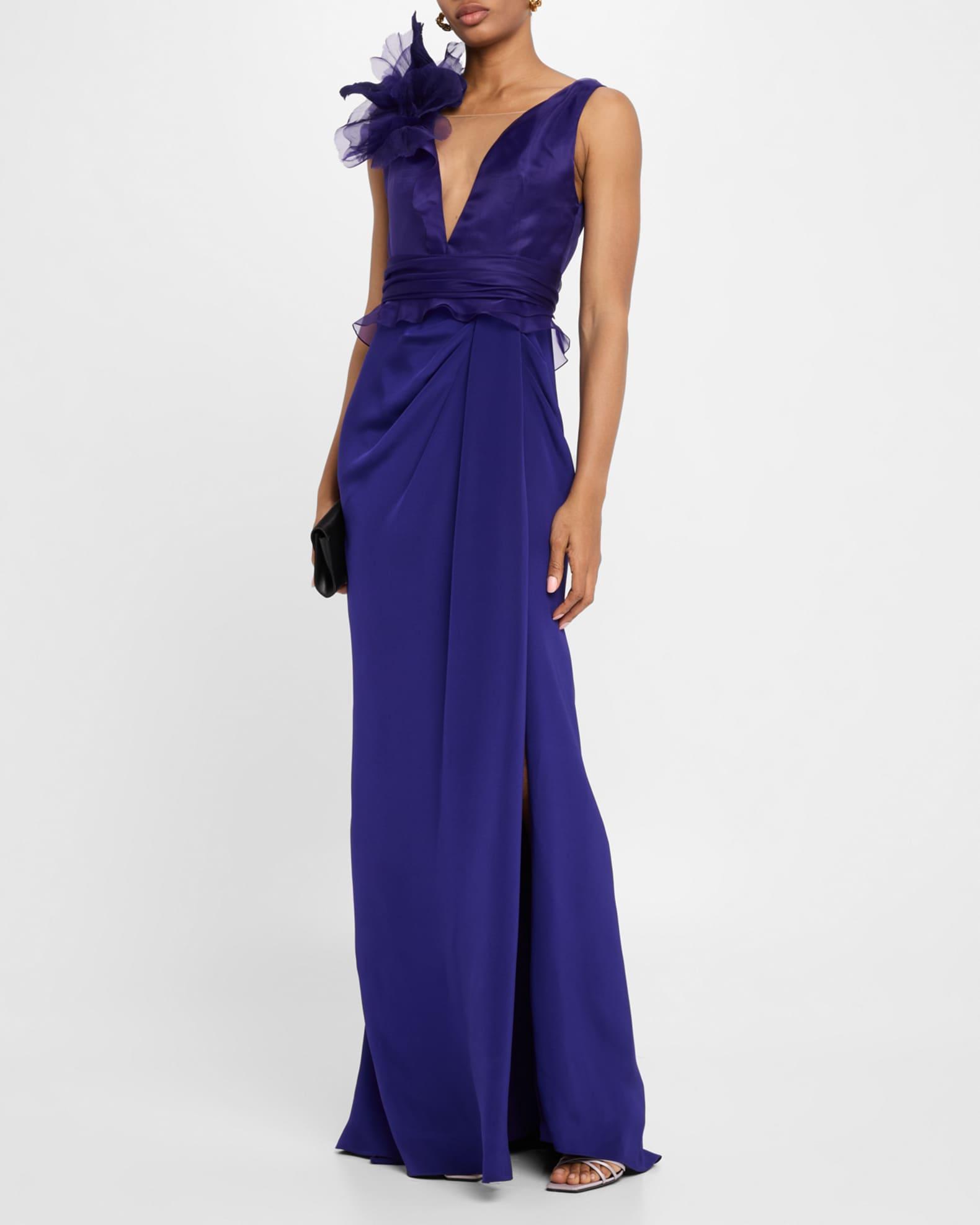 Draped Flower Ruffle Matte Crepe & Organza Gown Product Image
