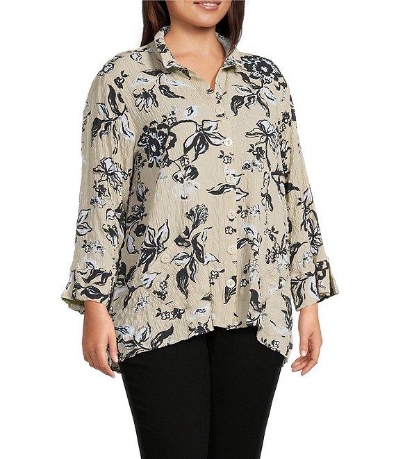 Ali Miles Plus Size Pucker Woven Printed Wire Collar 3/4 Sleeves Button Front Shirt Product Image
