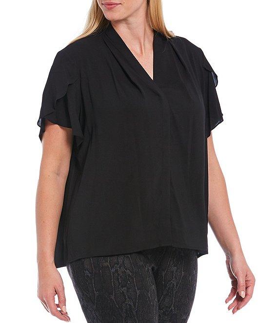 Calvin Klein Plus Size V-Neck Tulip Short Sleeve Blouse Product Image