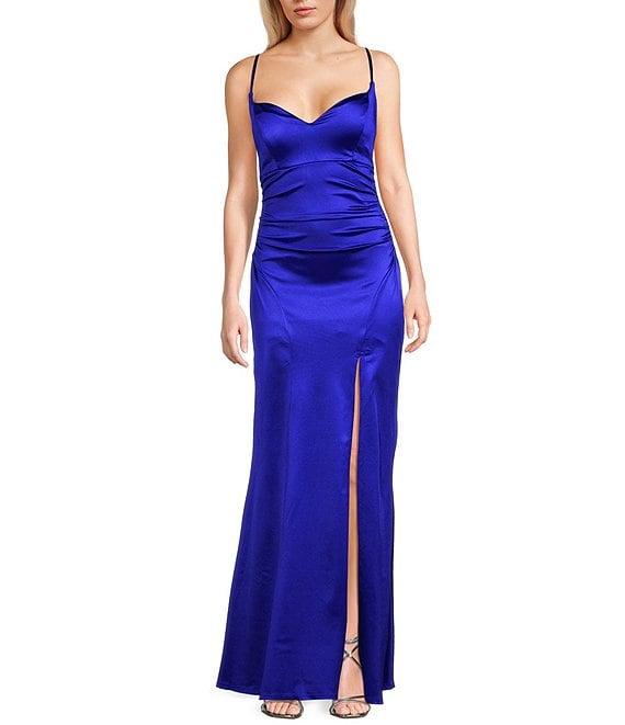 Honey and Rosie Spaghetti Strap V-Neck Royal Sateen Dress Product Image