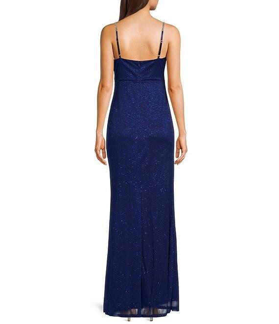 Jump Sleeveless Glitter Spaghetti Rhinestone Strap Drape Bodice Gown Product Image