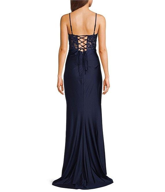 B. Darlin Sleeveless Sweetheart Neck Spaghetti Strap Illusion Lace Corset Side Slit Dress Product Image