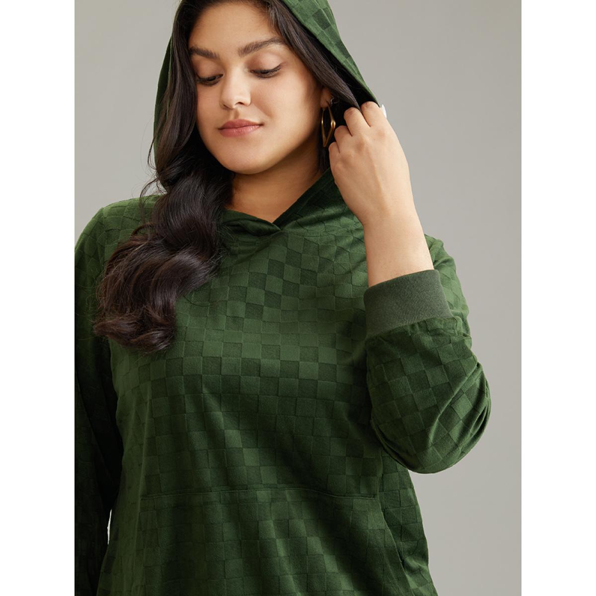 Plus Size Solid Velvet Checkered Hooded Pocket Sweatshirt Women Green Casual Texture Hooded Dailywear Sweatshirts BloomChic 14-16/1X Product Image