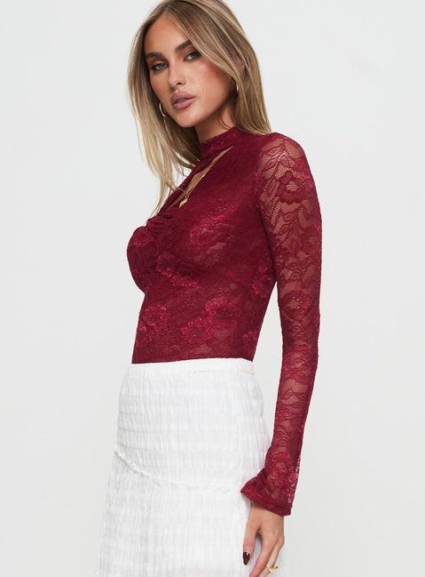 Twisted Humour Long Sleeve Lace Bodysuit Burgundy Product Image