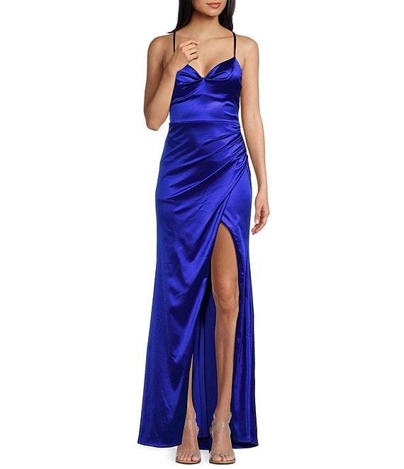 Midnight Doll Crystal Satin V-Neck Spaghetti Strap Side Slit Dress Product Image