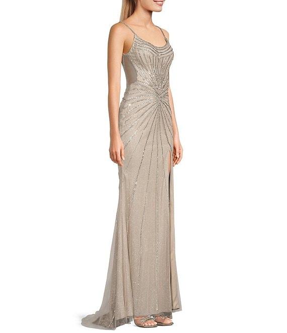 GB Sleeveless Scoop Neck Illusion Back Slit Hem Beaded Glitter Long Dress Product Image