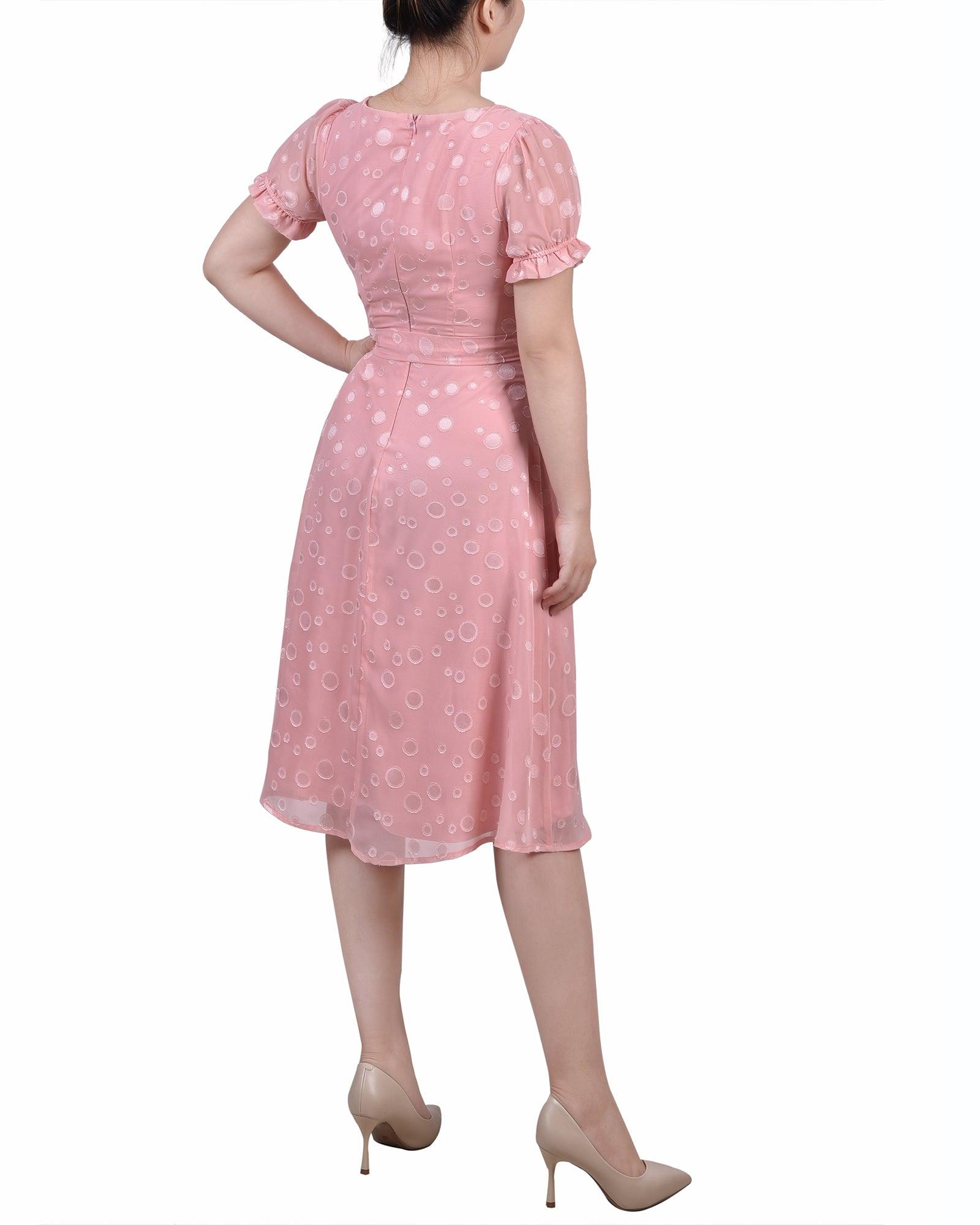 Mellow Rose Short Sleeve Belted Swiss Dot Dress - Petite Product Image