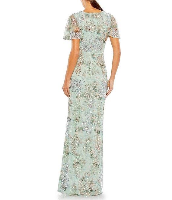 Mac Duggal Floral Sequin Short Butterfly Sleeve Faux Wrap Thigh High Slit Gown Product Image