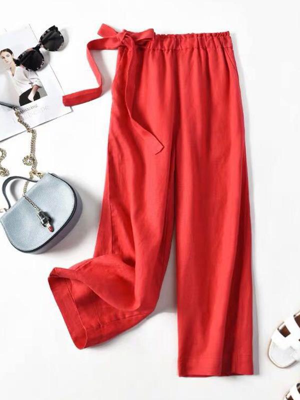 Simple Ramie Cotton Solid Color Loose Ninth Wide-Leg Pants Product Image