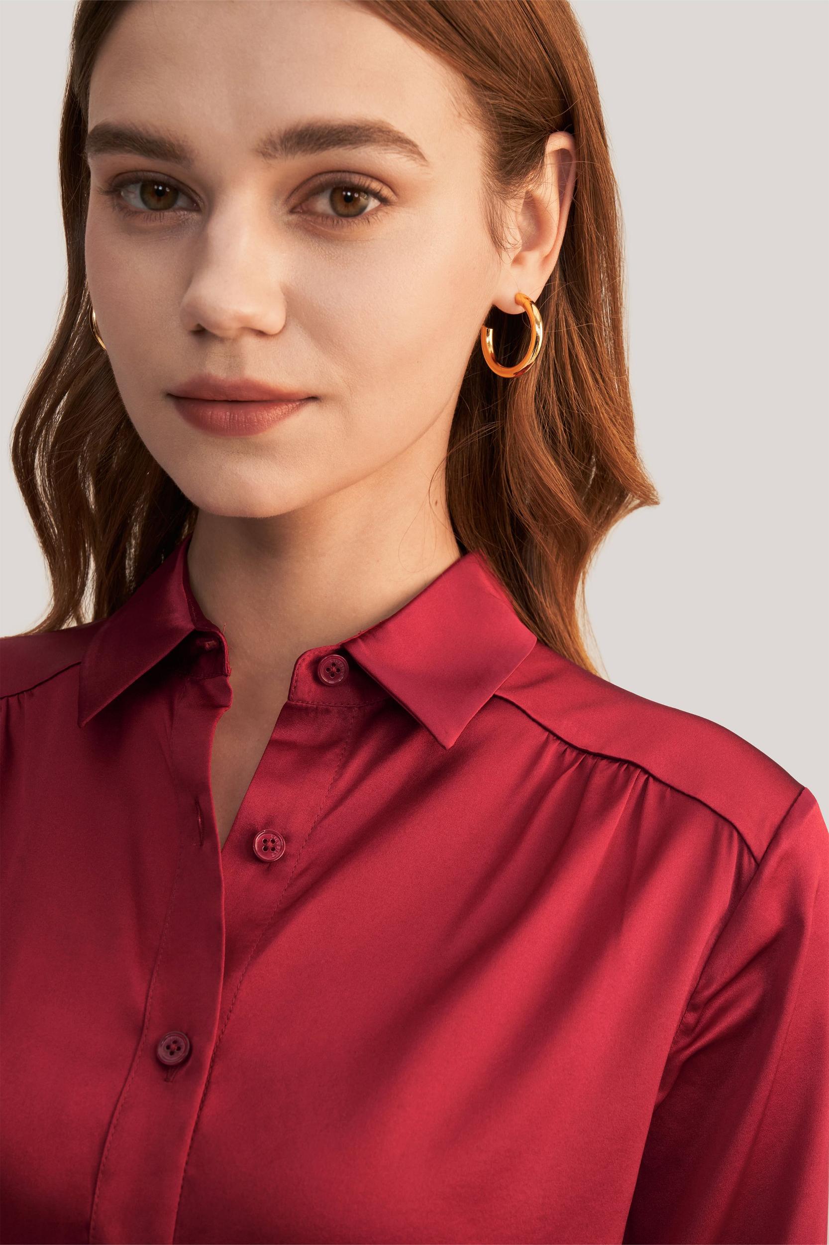 Long Sleeves Collared Silk Blouse Product Image