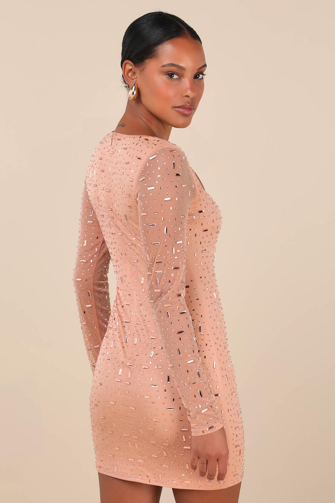 Luxe Statement Tan Rhinestone Mesh Long Sleeve Mini Dress Product Image