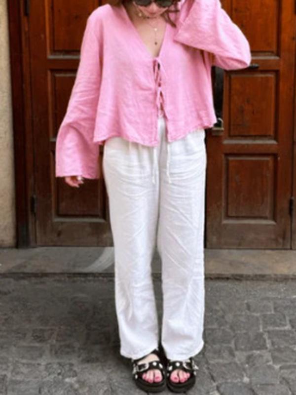 Lace-Up Solid Color V-Neck Blouses&Shirts Tops Product Image