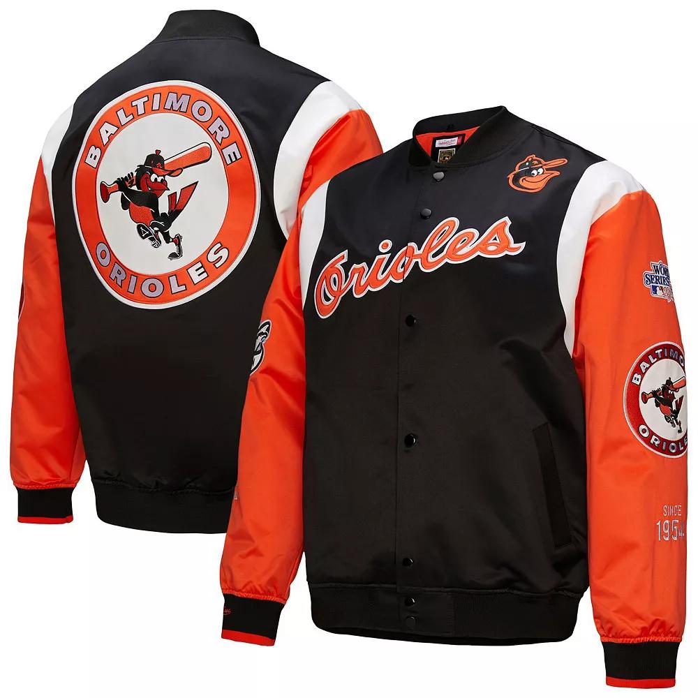 Men's Mitchell & Ness Black/Orange Baltimore Orioles Cooperstown Collection Team Origins Satin Full-Snap Jacket, Size: Small Product Image