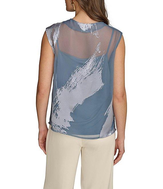 Donna Karan Charmeuse Burnout Ruched Mock Neck Pleated Shoulder Sleeveless Top Product Image