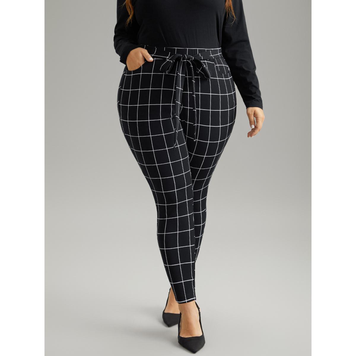 Plus Size Plaid Elastic Waist Ties Bodycon Pants Women Black Elegant Bodycon High Rise Dailywear Pants BloomChic 12/L Product Image