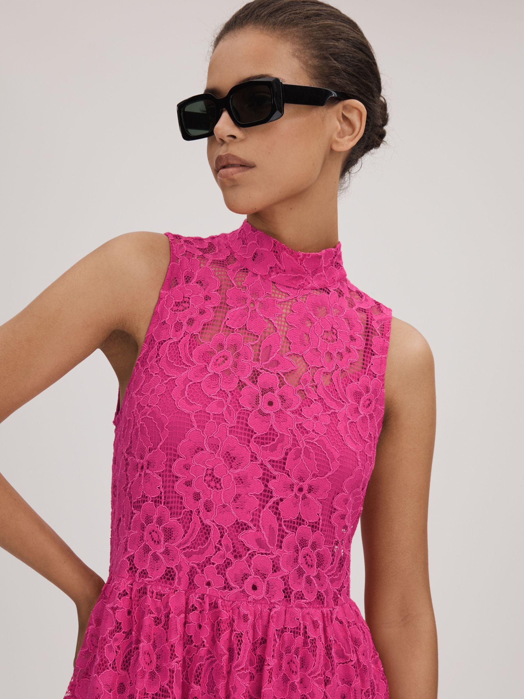 Florere Lace Tie Back Midi Dress in Bright Pink Product Image