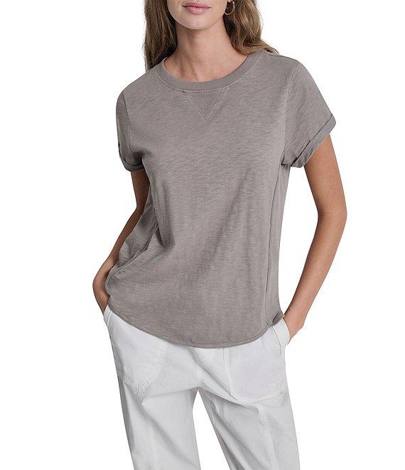 DKNY Sport by Donna Karan Cotton Slub Jersey Stripe Crew Neck Short Rolled Cuff Tee Product Image