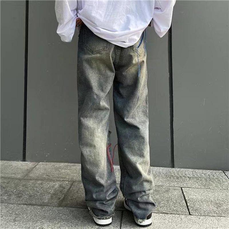 Men's American Retro High Street Ins Trendy Ripped Jeans Product Image