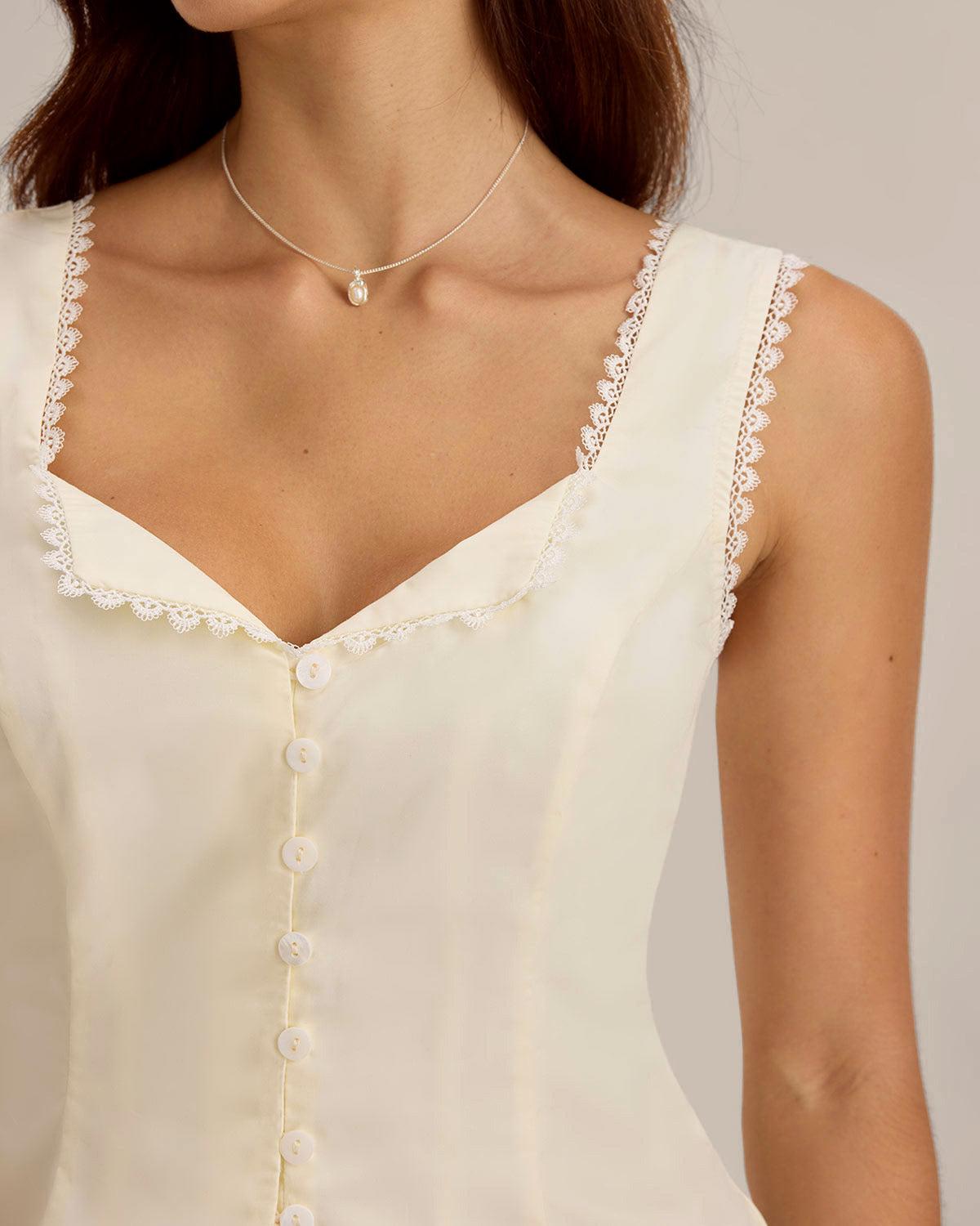 Beige Vest V Neck Lace Tie-Back Vest Product Image